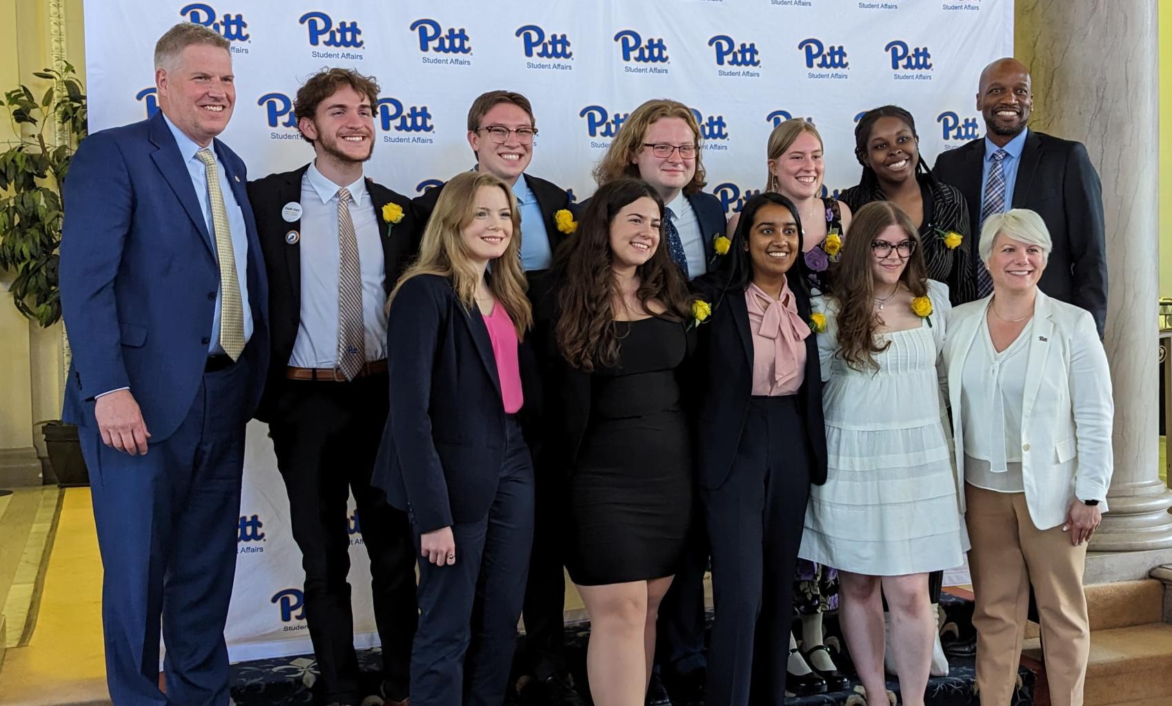 The 2023-2024 Student Government Board standing with the Dean of Students, Vice Provost for Student Affairs, and Chancellor
